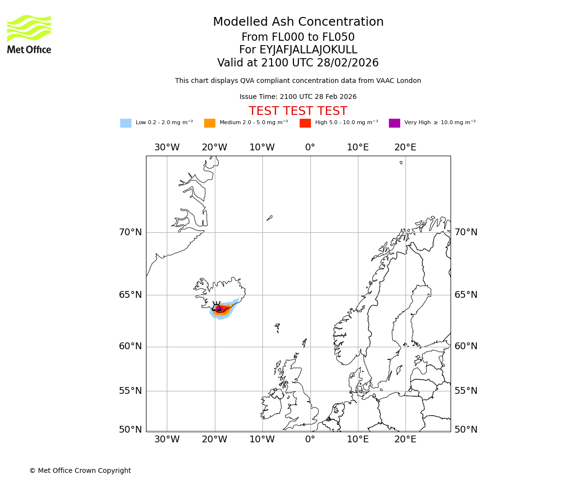 Modelled ash concentration from 000 to 050 for EYJAFJALLAJOKULL. Valid at 2100 UTC 28/02/2026