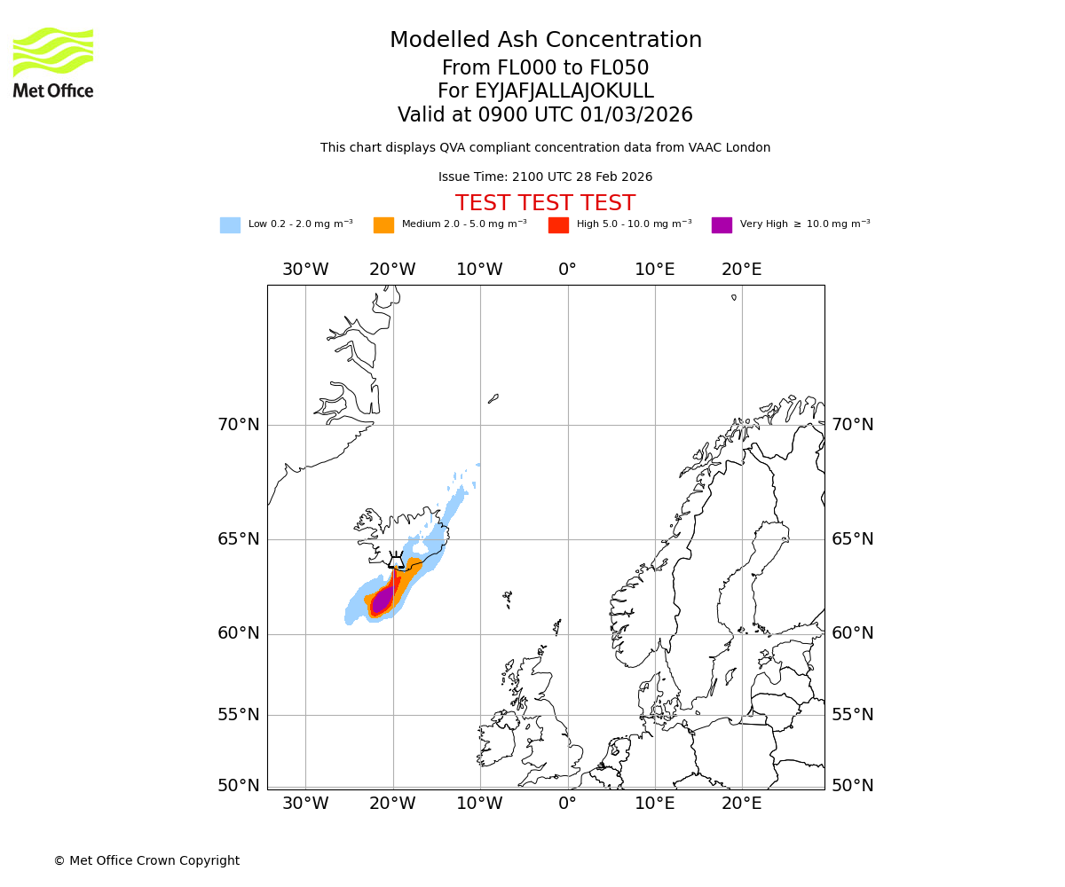 Modelled ash concentration from 000 to 050 for EYJAFJALLAJOKULL. Valid at 0900 UTC 01/03/2026
