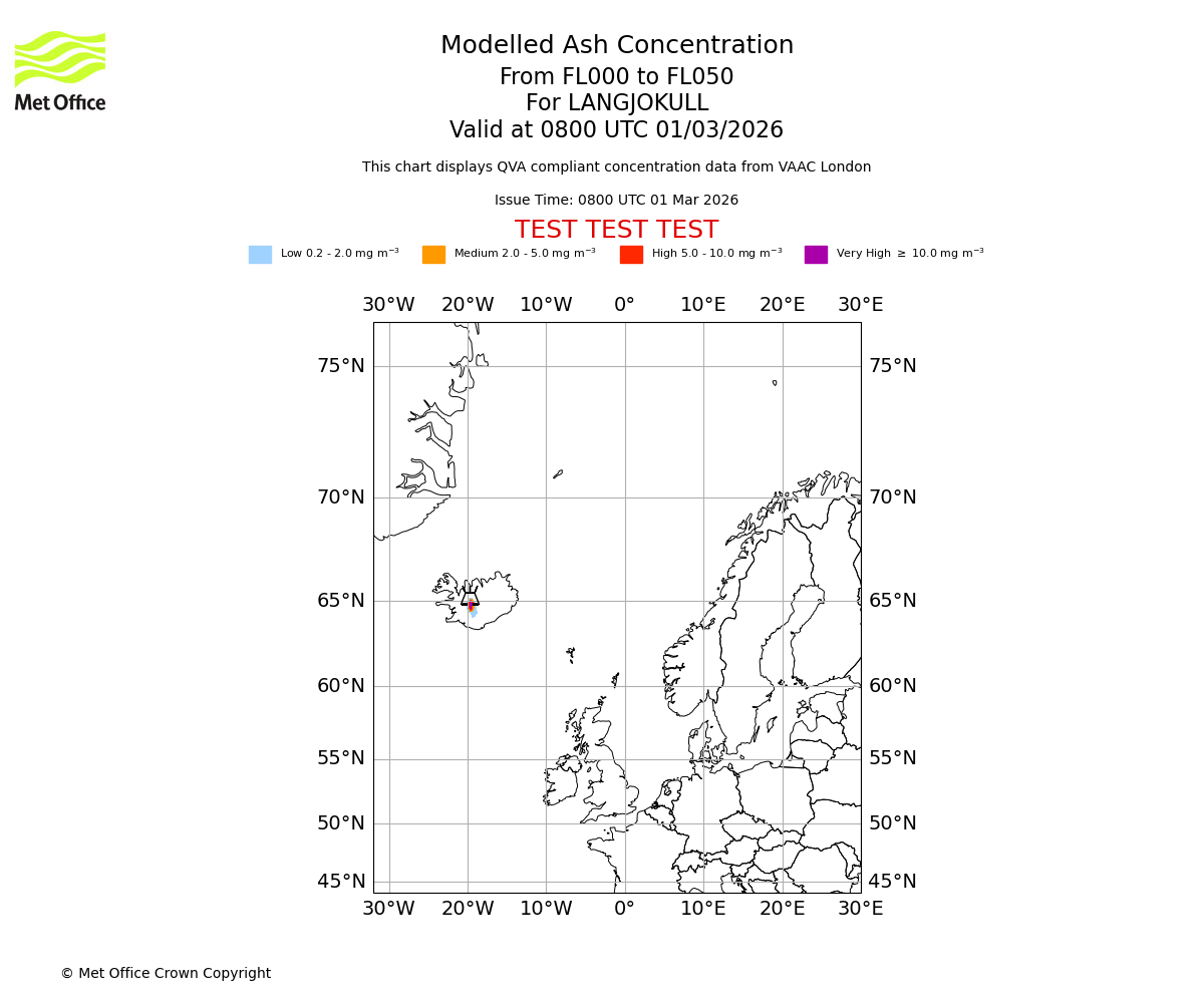 Modelled ash concentration from 000 to 050 for LANGJOKULL. Valid at 0800 UTC 01/03/2026