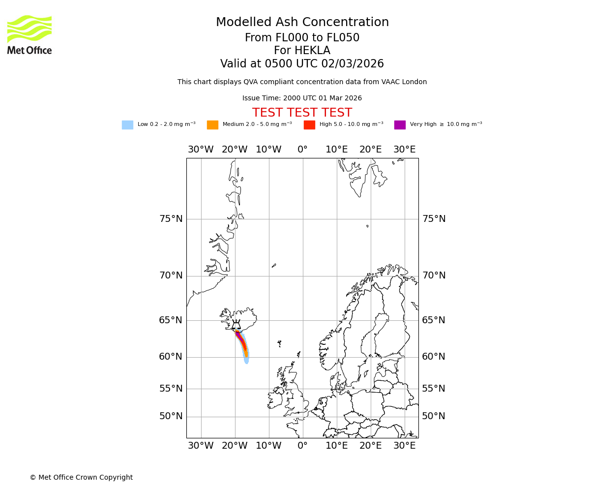 Modelled ash concentration from 000 to 050 for HEKLA. Valid at 0500 UTC 02/03/2026