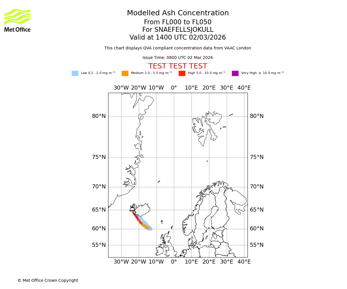 Modelled ash concentration from 000 to 050 for SNAEFELLSJOKULL. Valid at 1400 UTC 02/03/2026