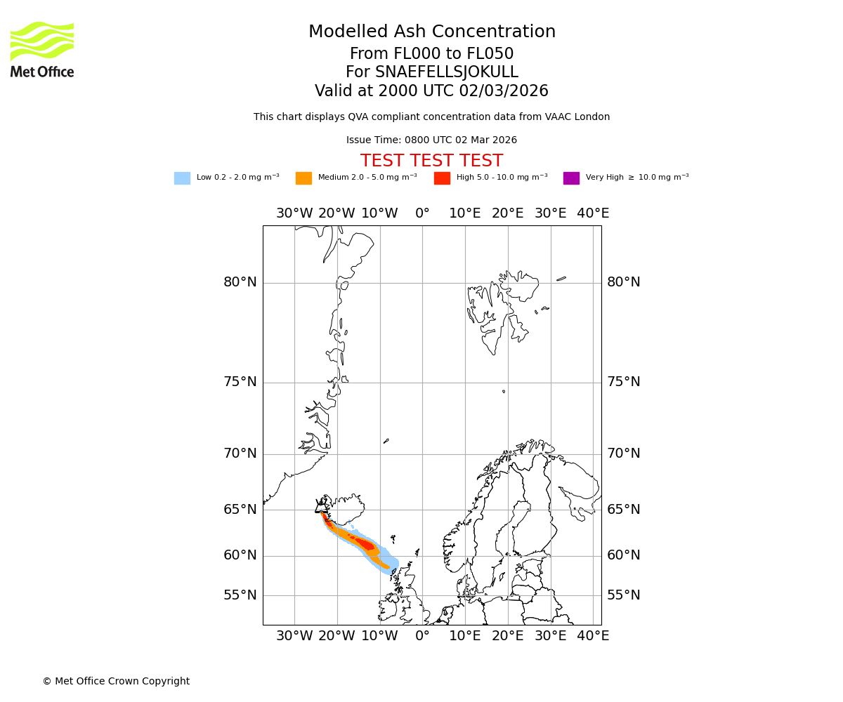 Modelled ash concentration from 000 to 050 for SNAEFELLSJOKULL. Valid at 2000 UTC 02/03/2026