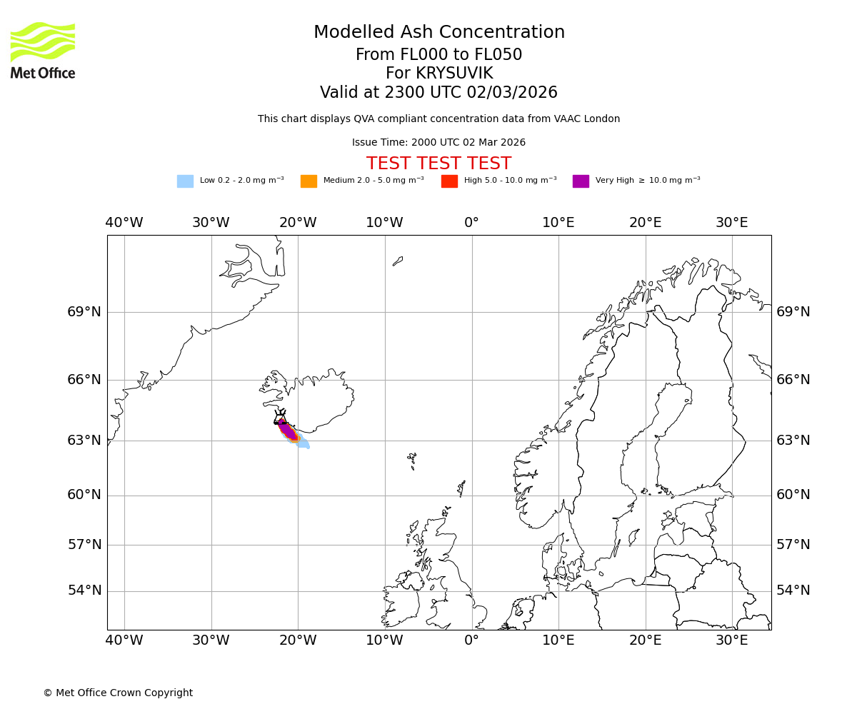 Modelled ash concentration from 000 to 050 for KRYSUVIK. Valid at 2300 UTC 02/03/2026