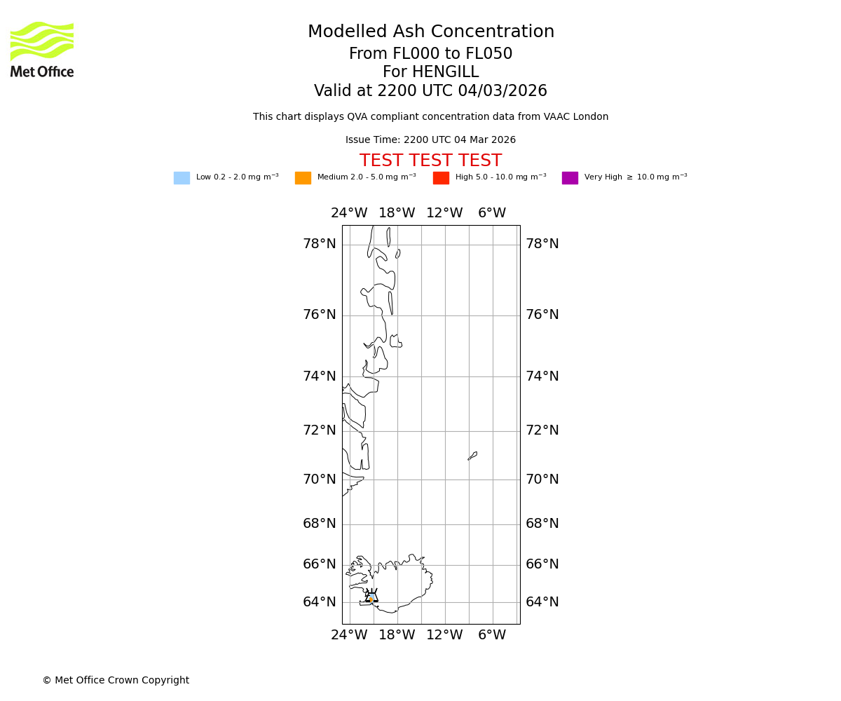 Modelled ash concentration from 000 to 050 for HENGILL. Valid at 2200 UTC 04/03/2026