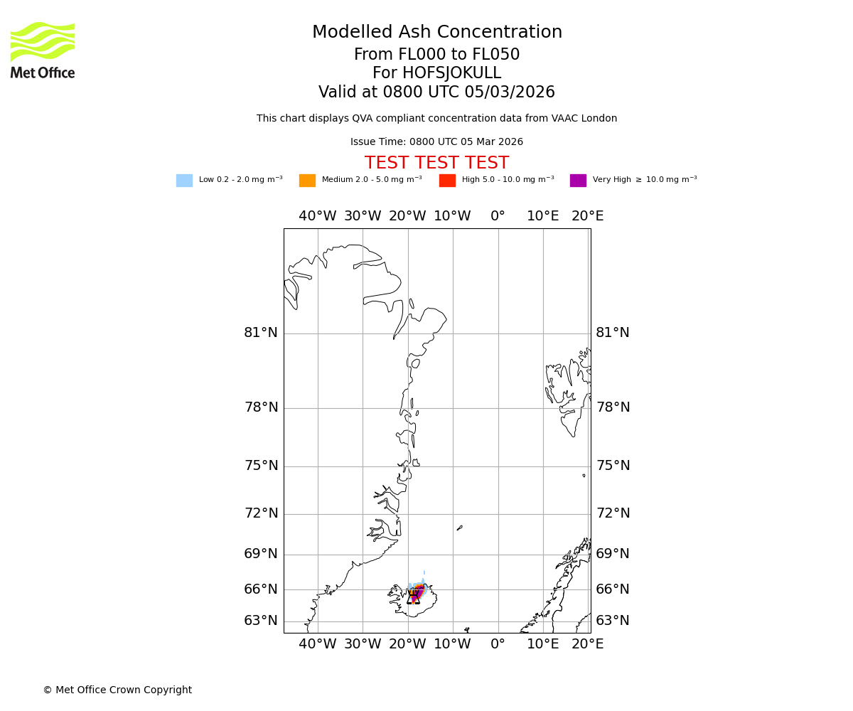 Modelled ash concentration from 000 to 050 for HOFSJOKULL. Valid at 0800 UTC 05/03/2026