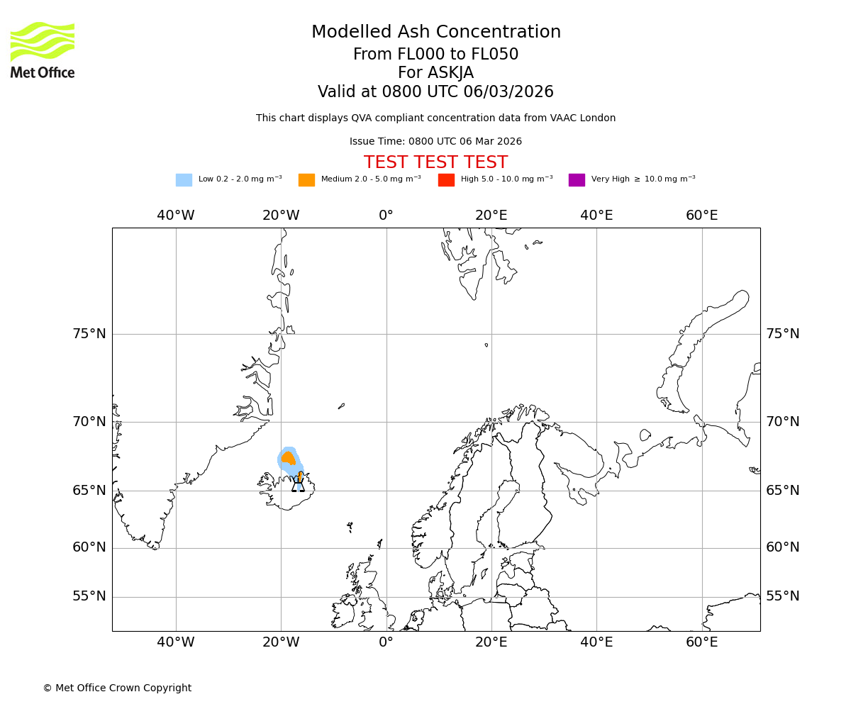Modelled ash concentration from 000 to 050 for ASKJA. Valid at 0800 UTC 06/03/2026