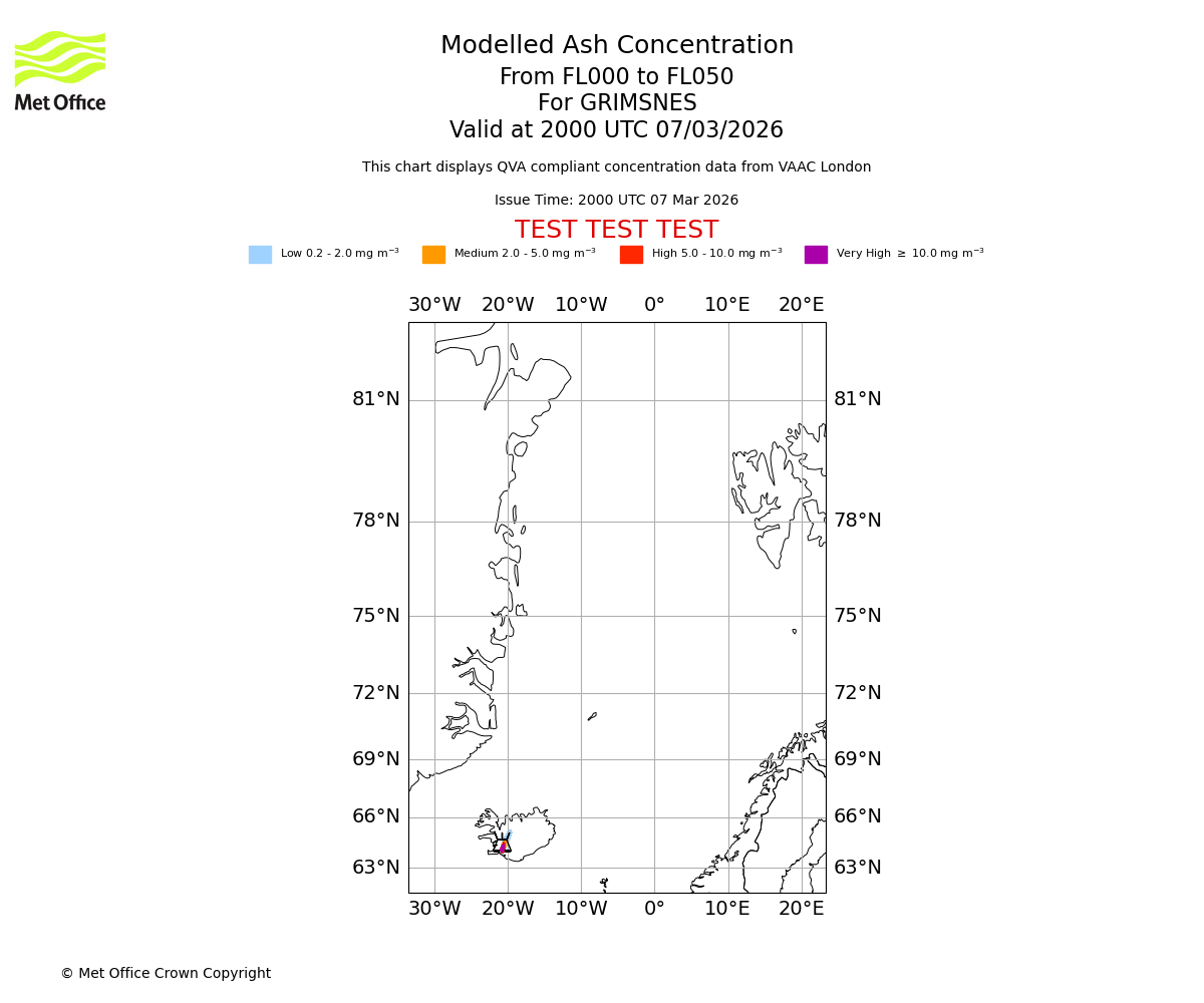 Modelled ash concentration from 000 to 050 for GRIMSNES. Valid at 2000 UTC 07/03/2026