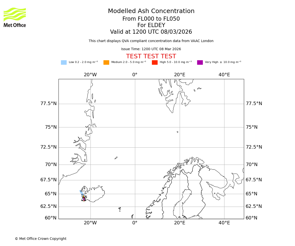 Modelled ash concentration from 000 to 050 for ELDEY. Valid at 1200 UTC 08/03/2026