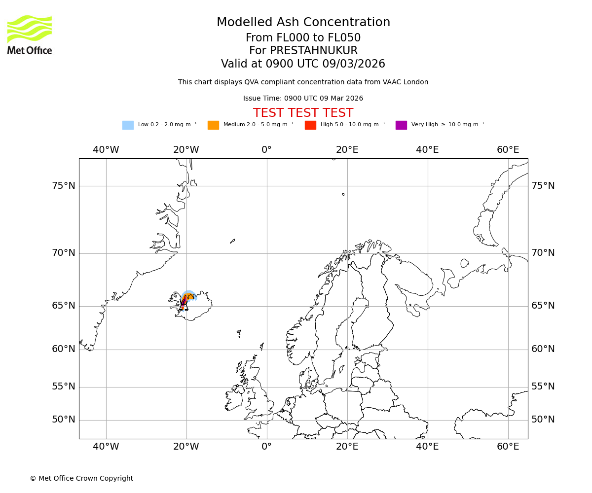 Modelled ash concentration from 000 to 050 for PRESTAHNUKUR. Valid at 0900 UTC 09/03/2026