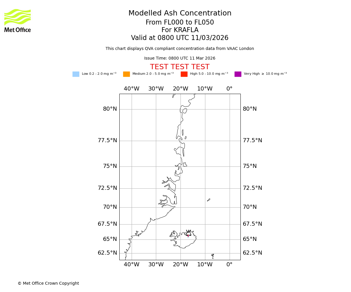 Modelled ash concentration from 000 to 050 for KRAFLA. Valid at 0800 UTC 11/03/2026