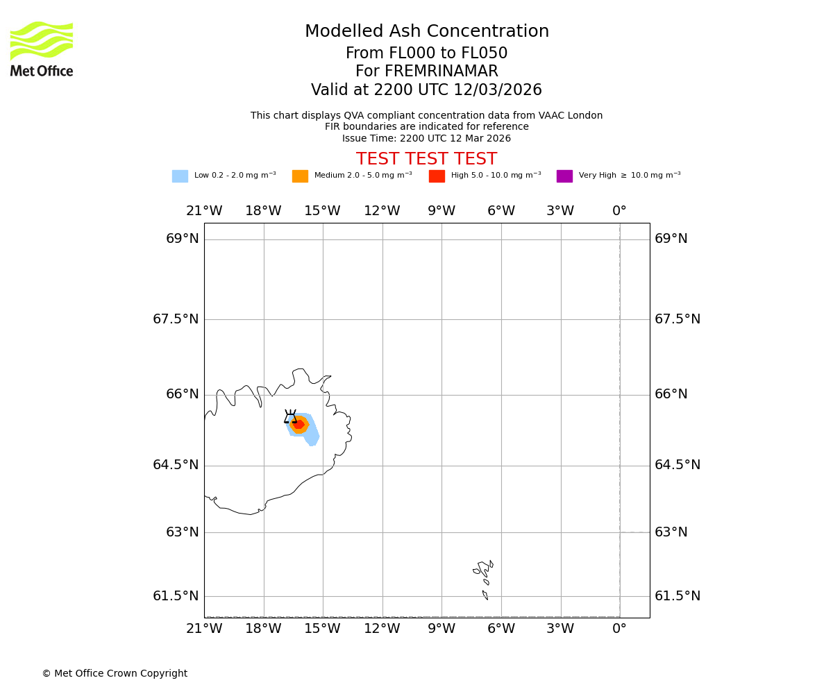 Modelled ash concentration from 000 to 050 for FREMRINAMAR. Valid at 2200 UTC 12/03/2026