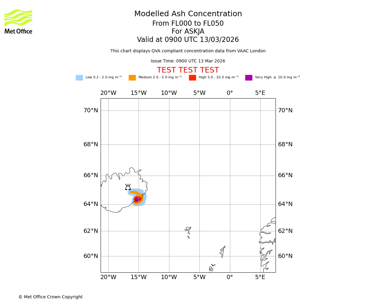 Modelled ash concentration from 000 to 050 for ASKJA. Valid at 0900 UTC 13/03/2026