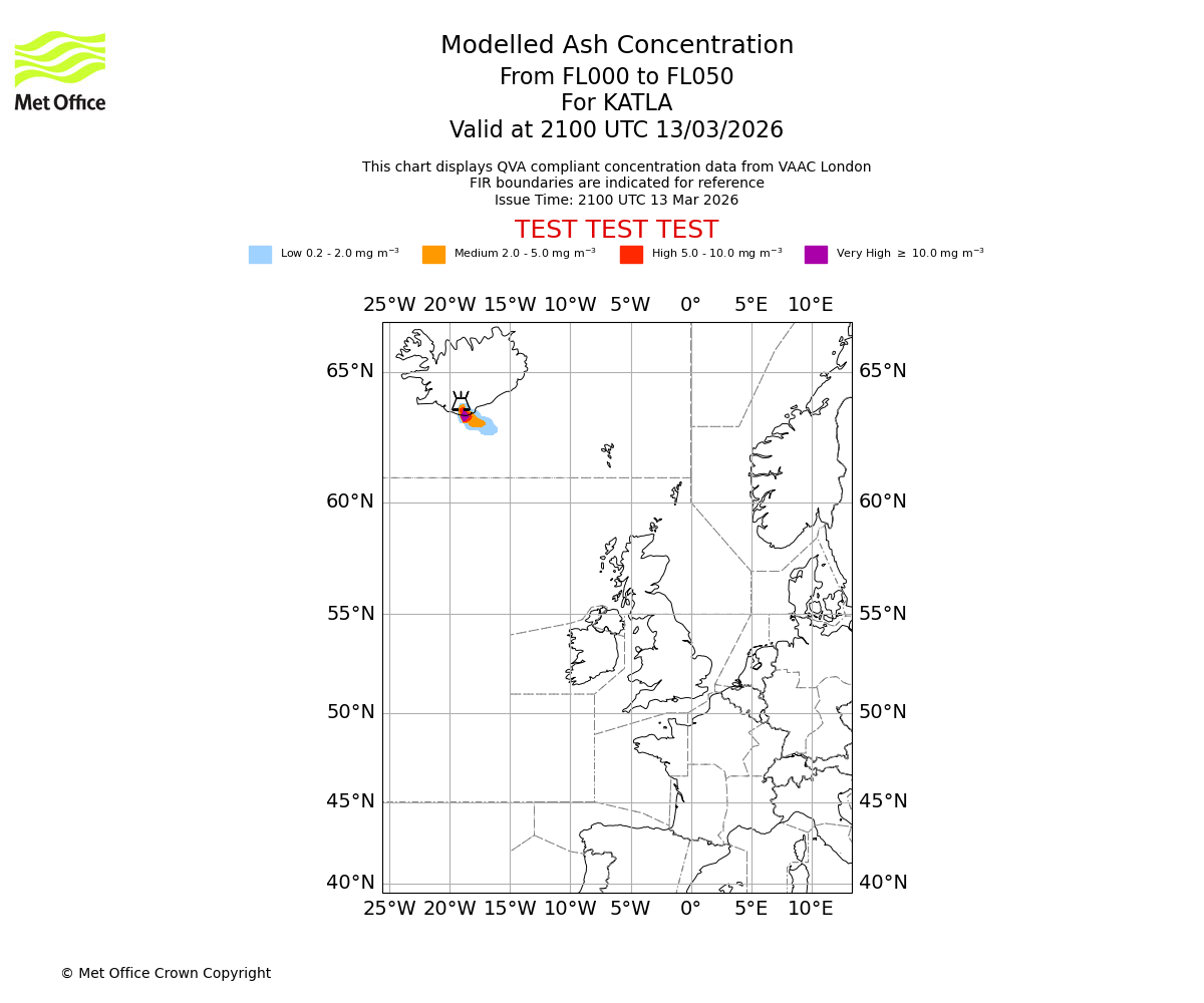 Modelled ash concentration from 000 to 050 for KATLA. Valid at 2100 UTC 13/03/2026