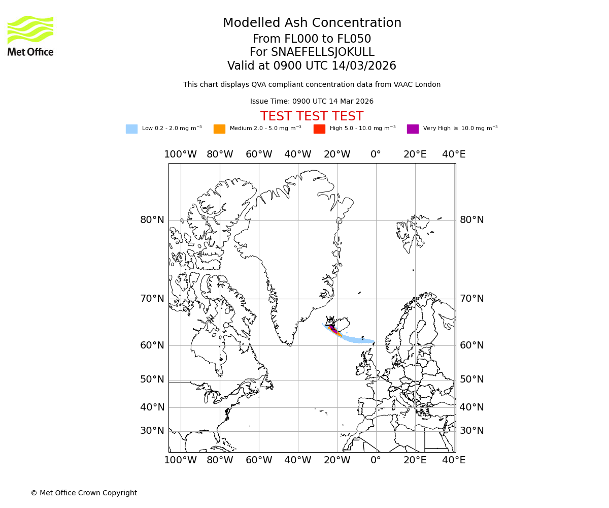 Modelled ash concentration from 000 to 050 for SNAEFELLSJOKULL. Valid at 0900 UTC 14/03/2026