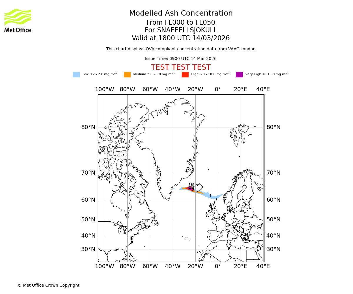 Modelled ash concentration from 000 to 050 for SNAEFELLSJOKULL. Valid at 1800 UTC 14/03/2026