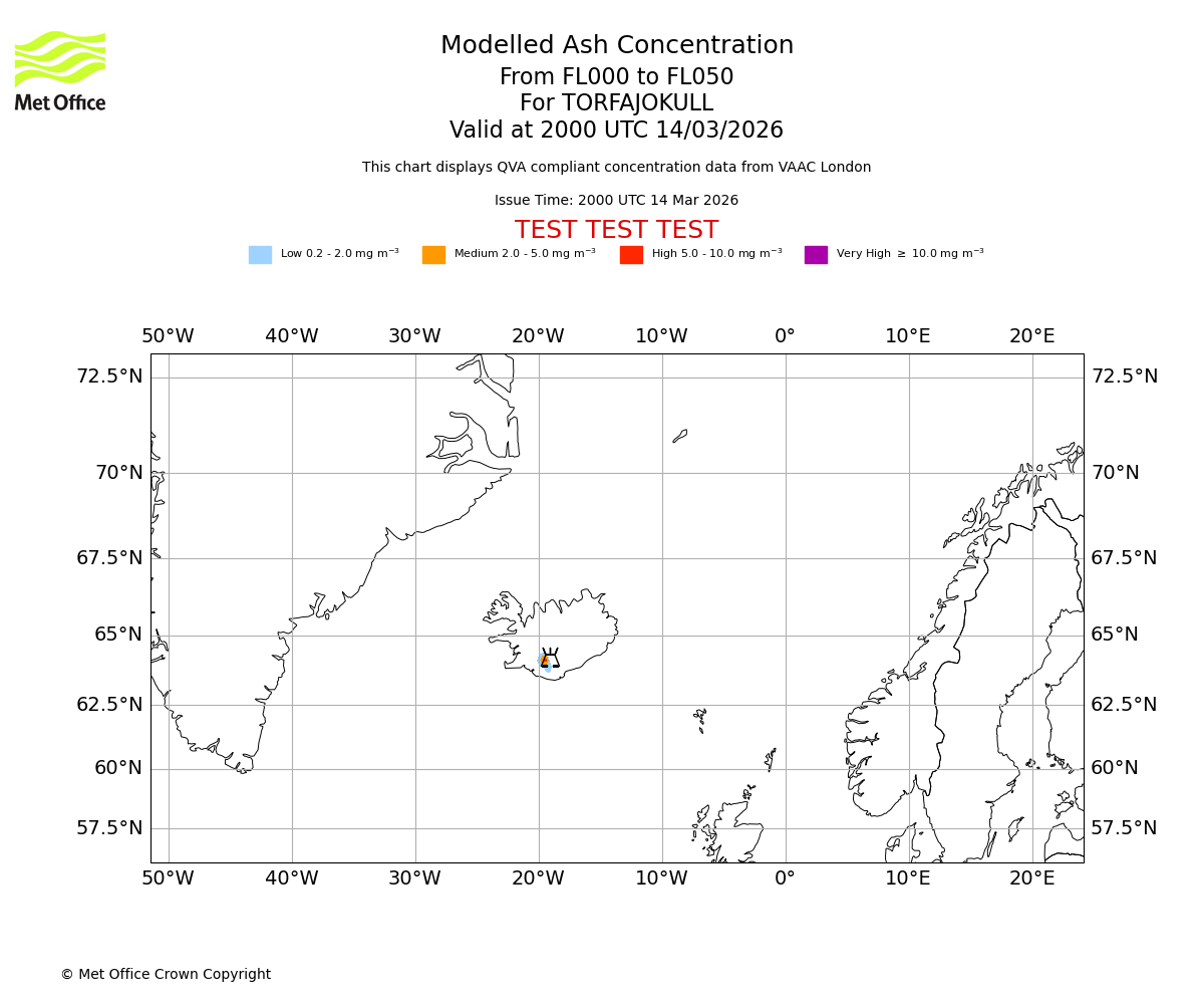Modelled ash concentration from 000 to 050 for TORFAJOKULL. Valid at 2000 UTC 14/03/2026