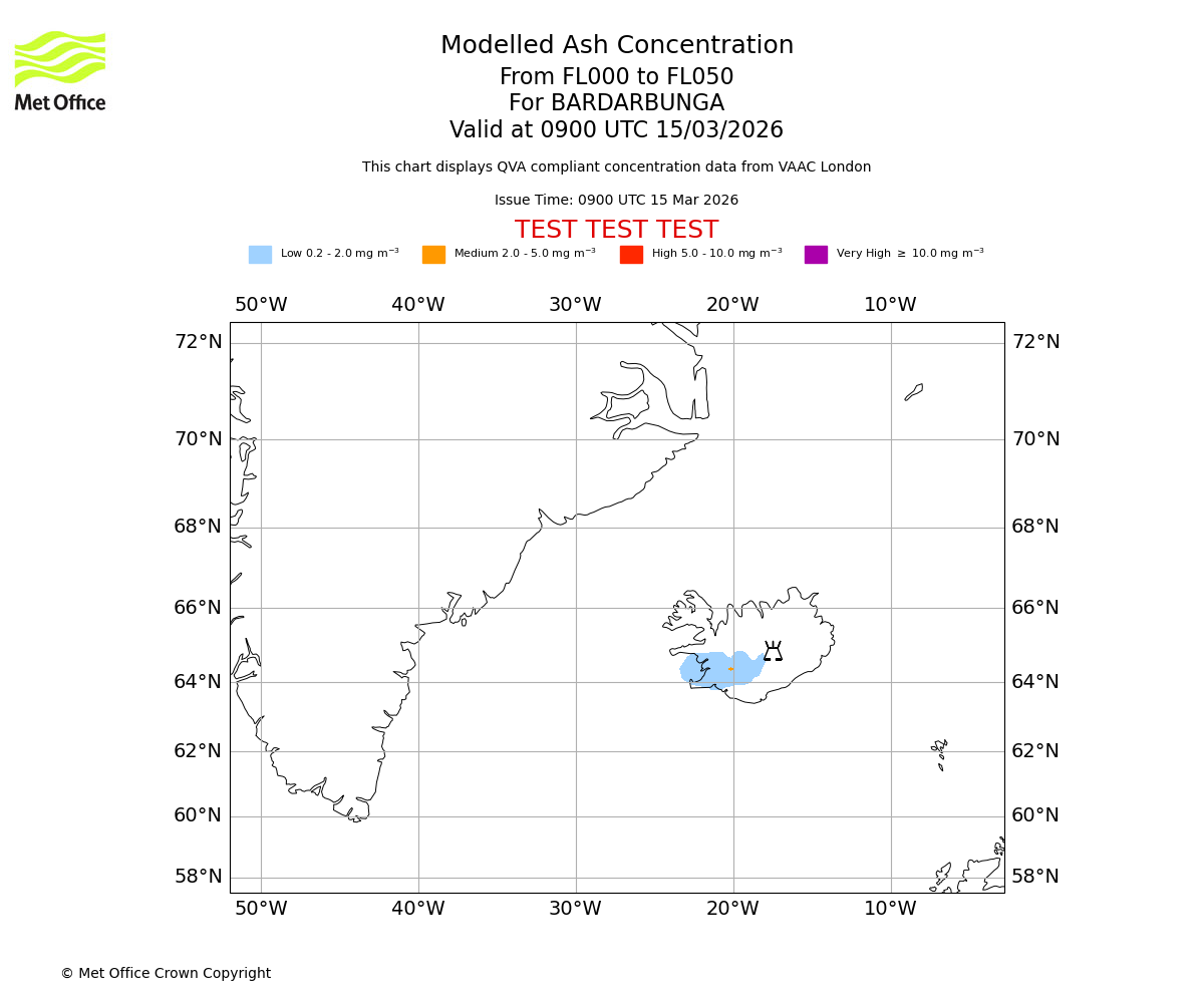 Modelled ash concentration from 000 to 050 for BARDARBUNGA. Valid at 0900 UTC 15/03/2026