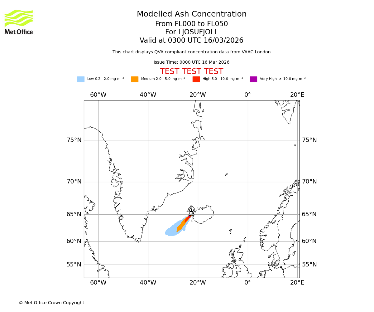 Modelled ash concentration from 000 to 050 for LJOSUFJOLL. Valid at 0300 UTC 16/03/2026