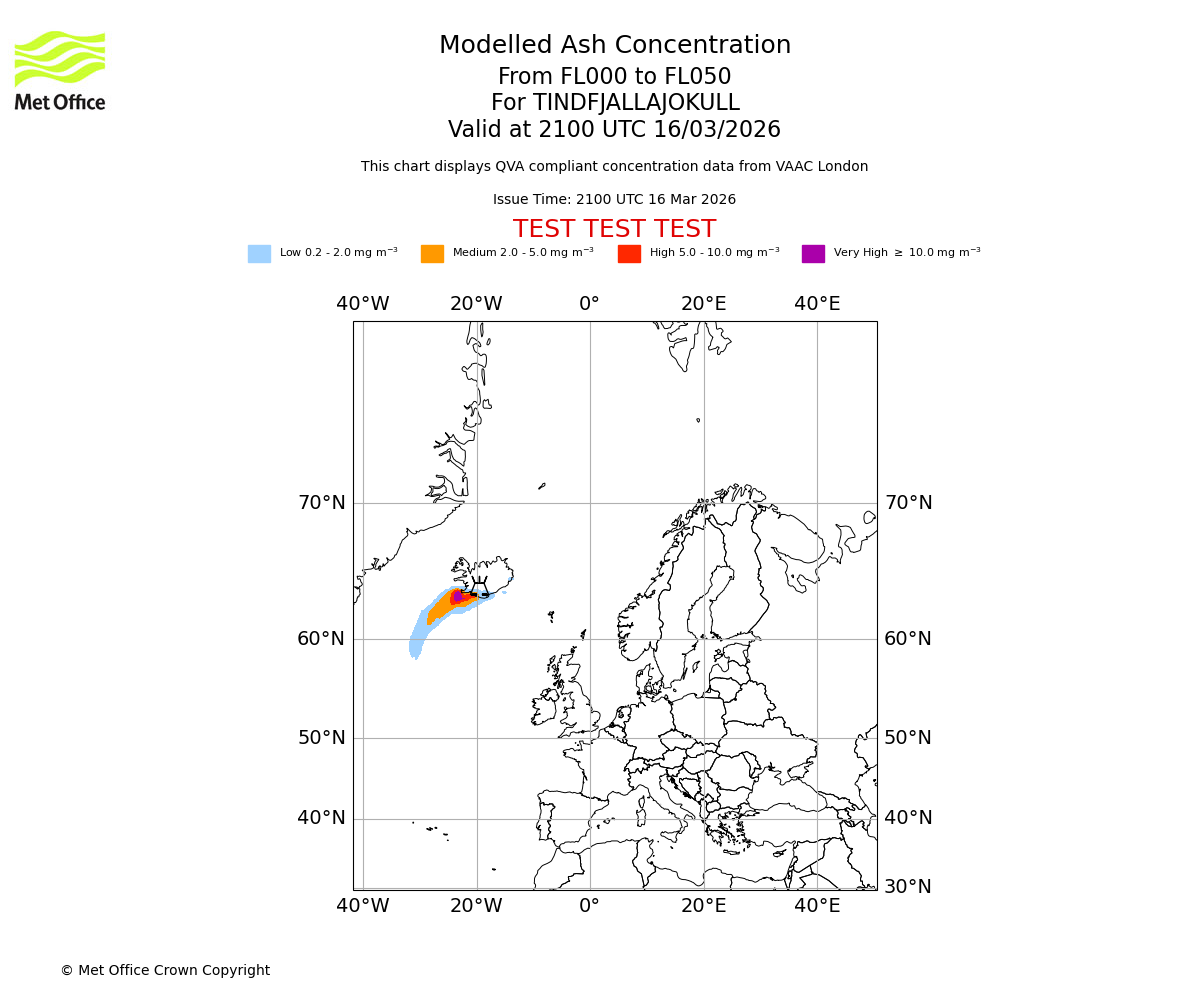 Modelled ash concentration from 000 to 050 for TINDFJALLAJOKULL. Valid at 2100 UTC 16/03/2026