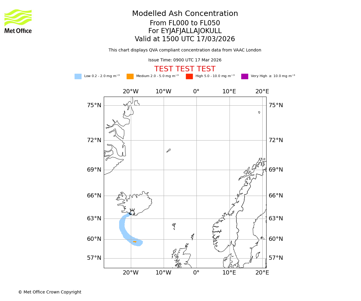 Modelled ash concentration from 000 to 050 for EYJAFJALLAJOKULL. Valid at 1500 UTC 17/03/2026