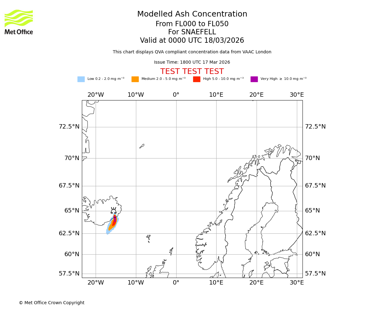 Modelled ash concentration from 000 to 050 for SNAEFELL. Valid at 0000 UTC 18/03/2026