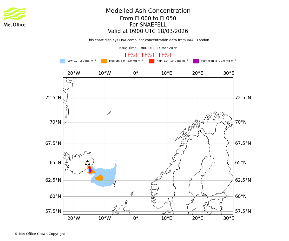 Modelled ash concentration from 000 to 050 for SNAEFELL. Valid at 0900 UTC 18/03/2026