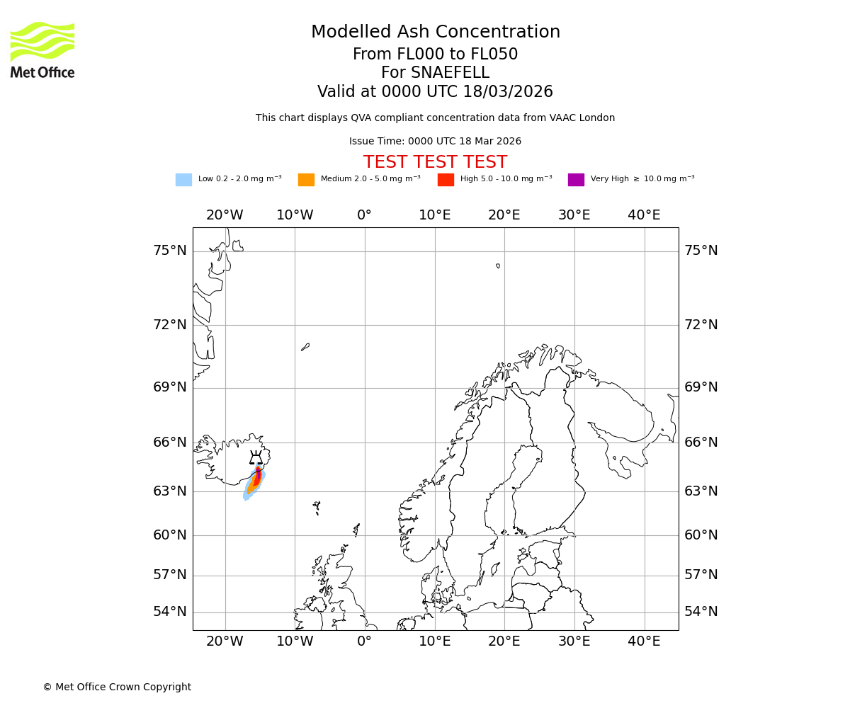 Modelled ash concentration from 000 to 050 for SNAEFELL. Valid at 0000 UTC 18/03/2026