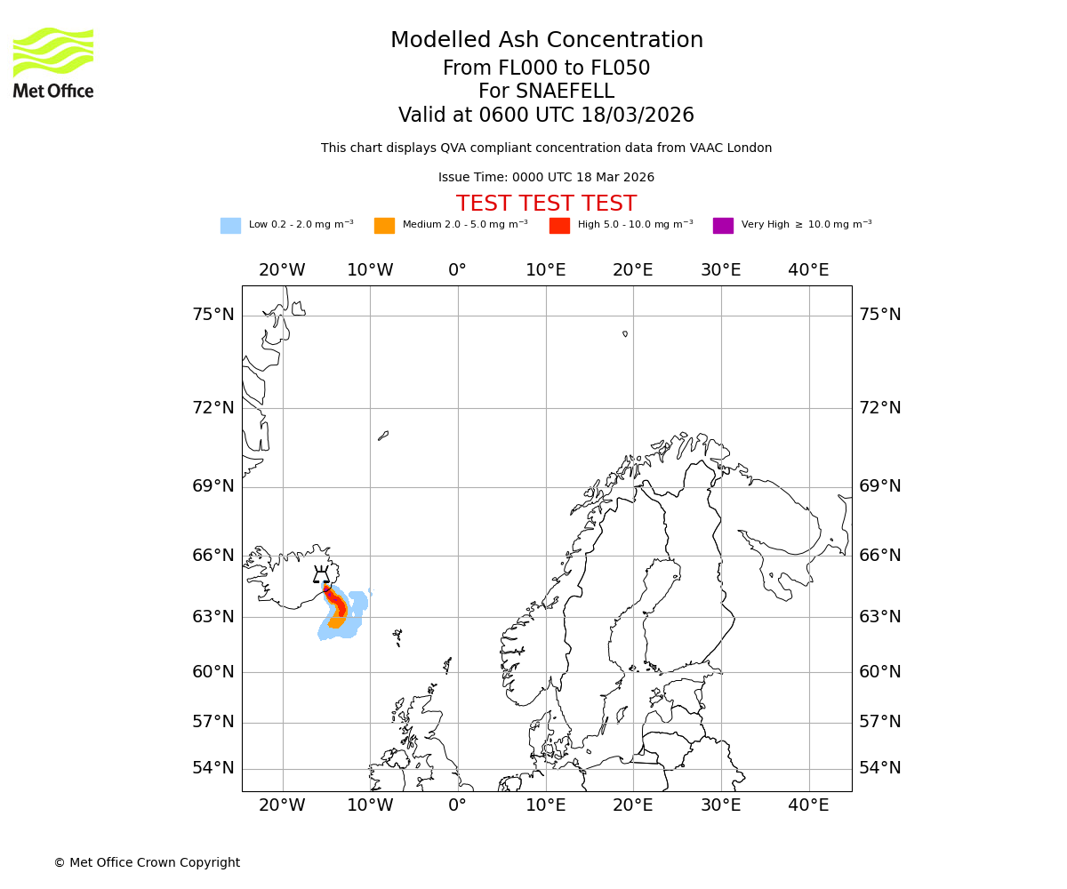 Modelled ash concentration from 000 to 050 for SNAEFELL. Valid at 0600 UTC 18/03/2026