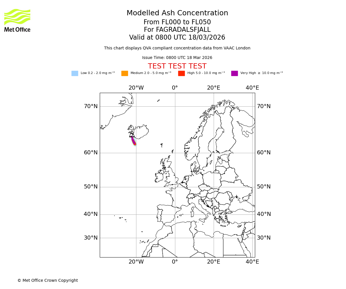 Modelled ash concentration from 000 to 050 for FAGRADALSFJALL. Valid at 0800 UTC 18/03/2026