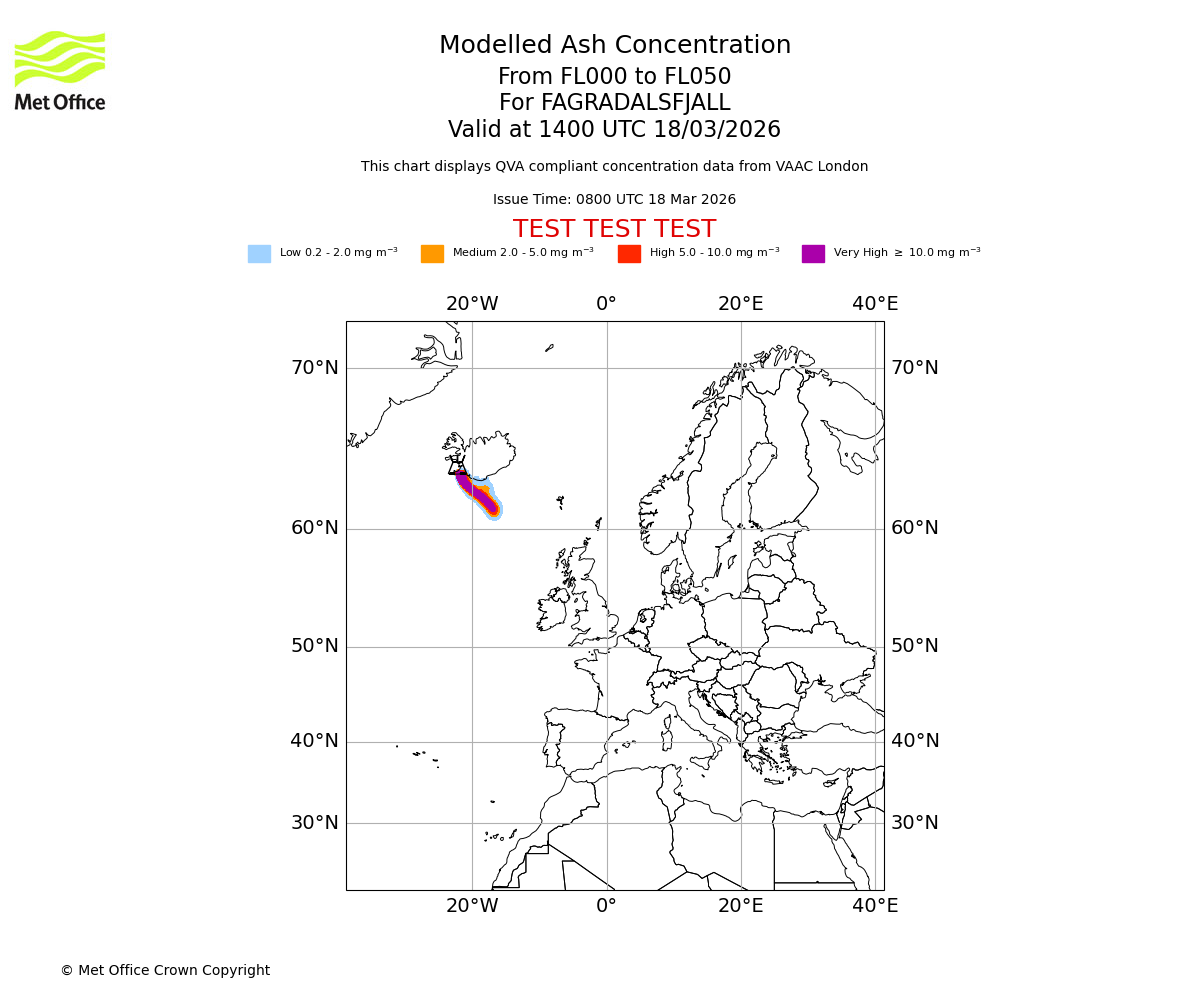 Modelled ash concentration from 000 to 050 for FAGRADALSFJALL. Valid at 1400 UTC 18/03/2026