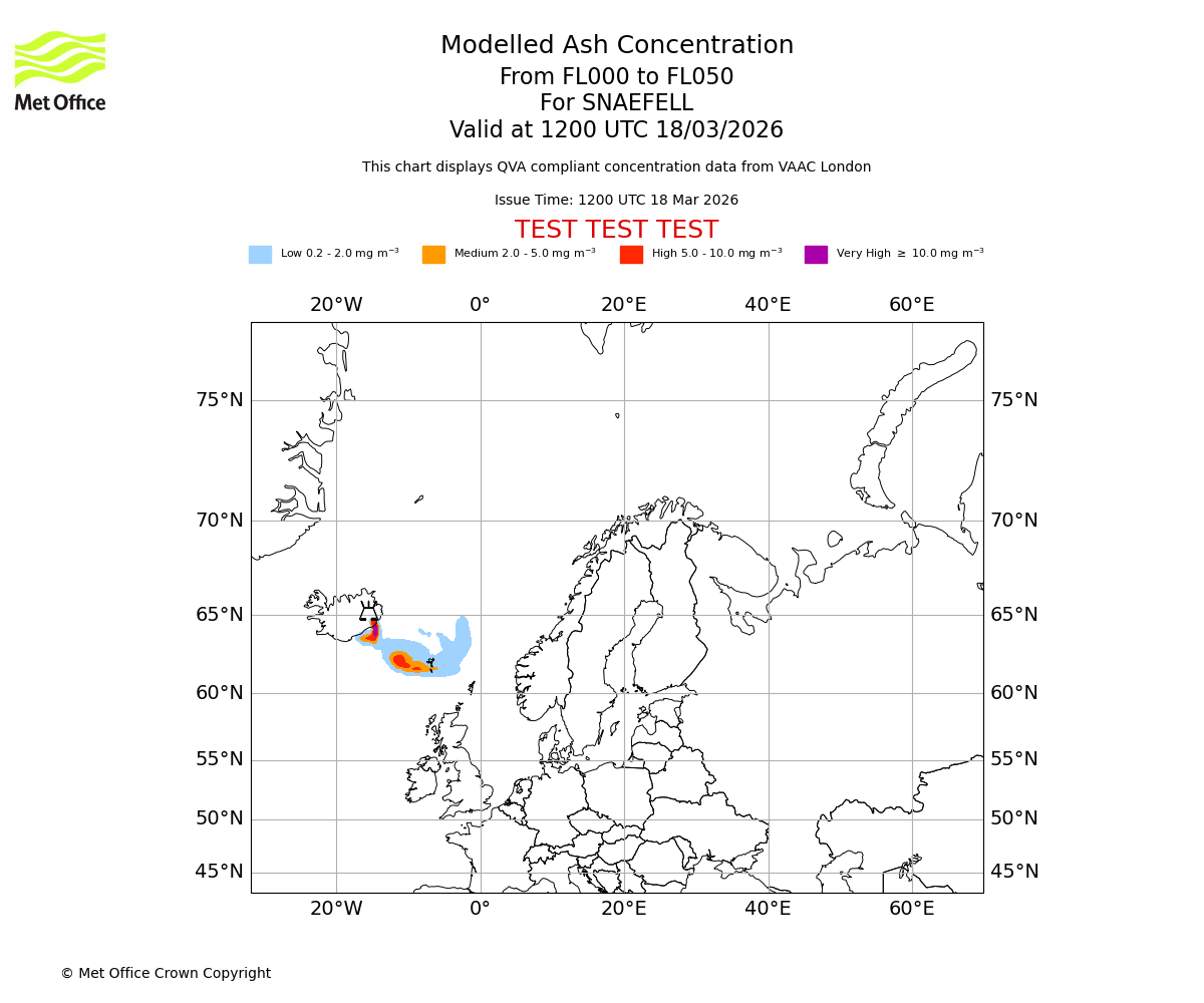 Modelled ash concentration from 000 to 050 for SNAEFELL. Valid at 1200 UTC 18/03/2026