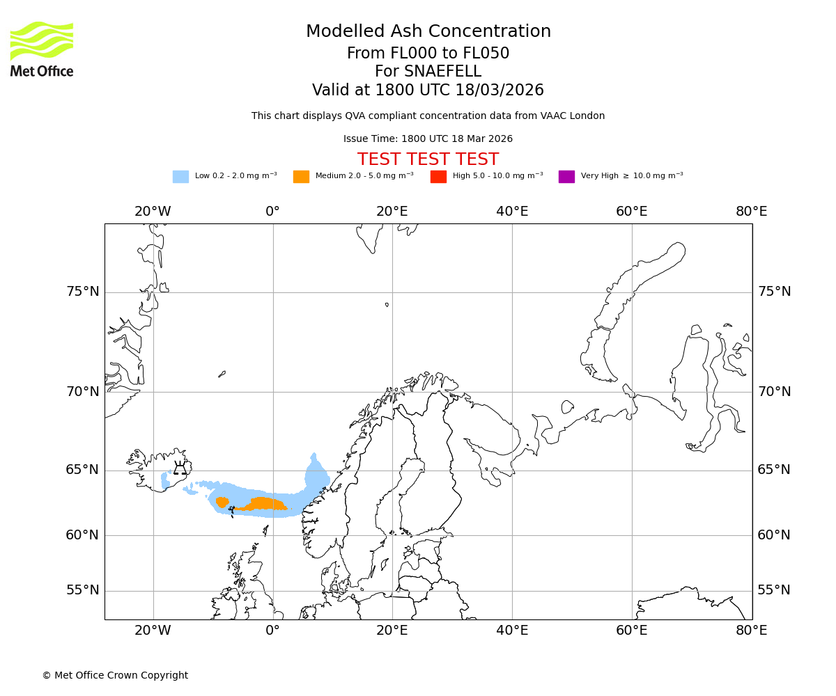 Modelled ash concentration from 000 to 050 for SNAEFELL. Valid at 1800 UTC 18/03/2026