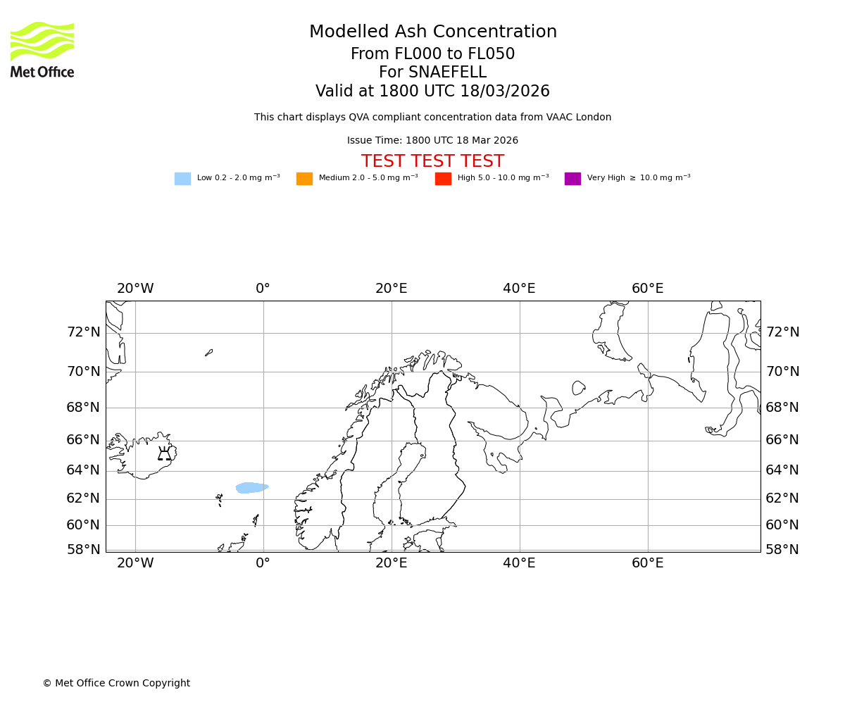 Modelled ash concentration from 000 to 050 for SNAEFELL. Valid at 1800 UTC 18/03/2026
