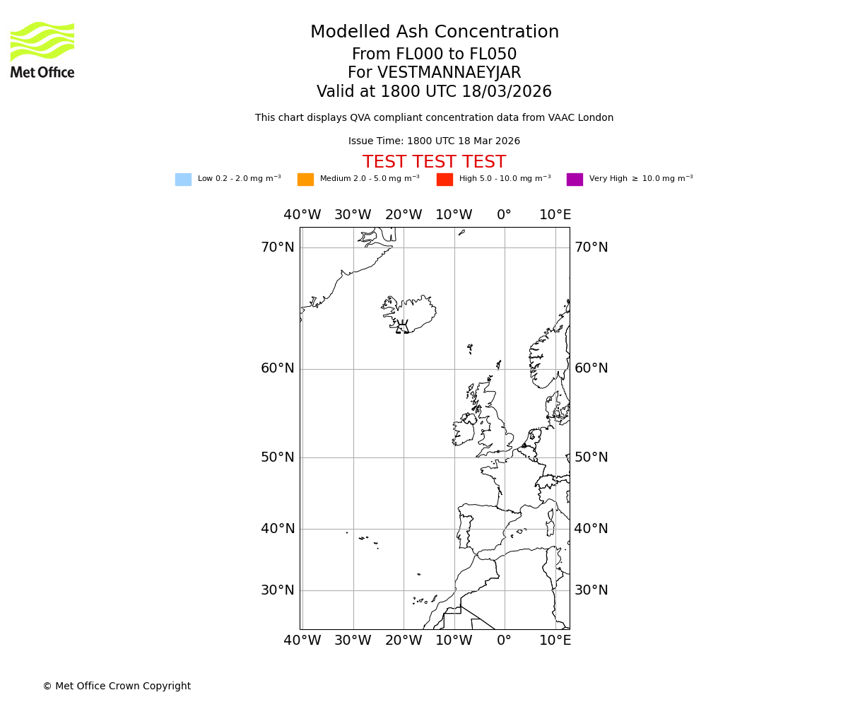 Modelled ash concentration from 000 to 050 for VESTMANNAEYJAR. Valid at 1800 UTC 18/03/2026
