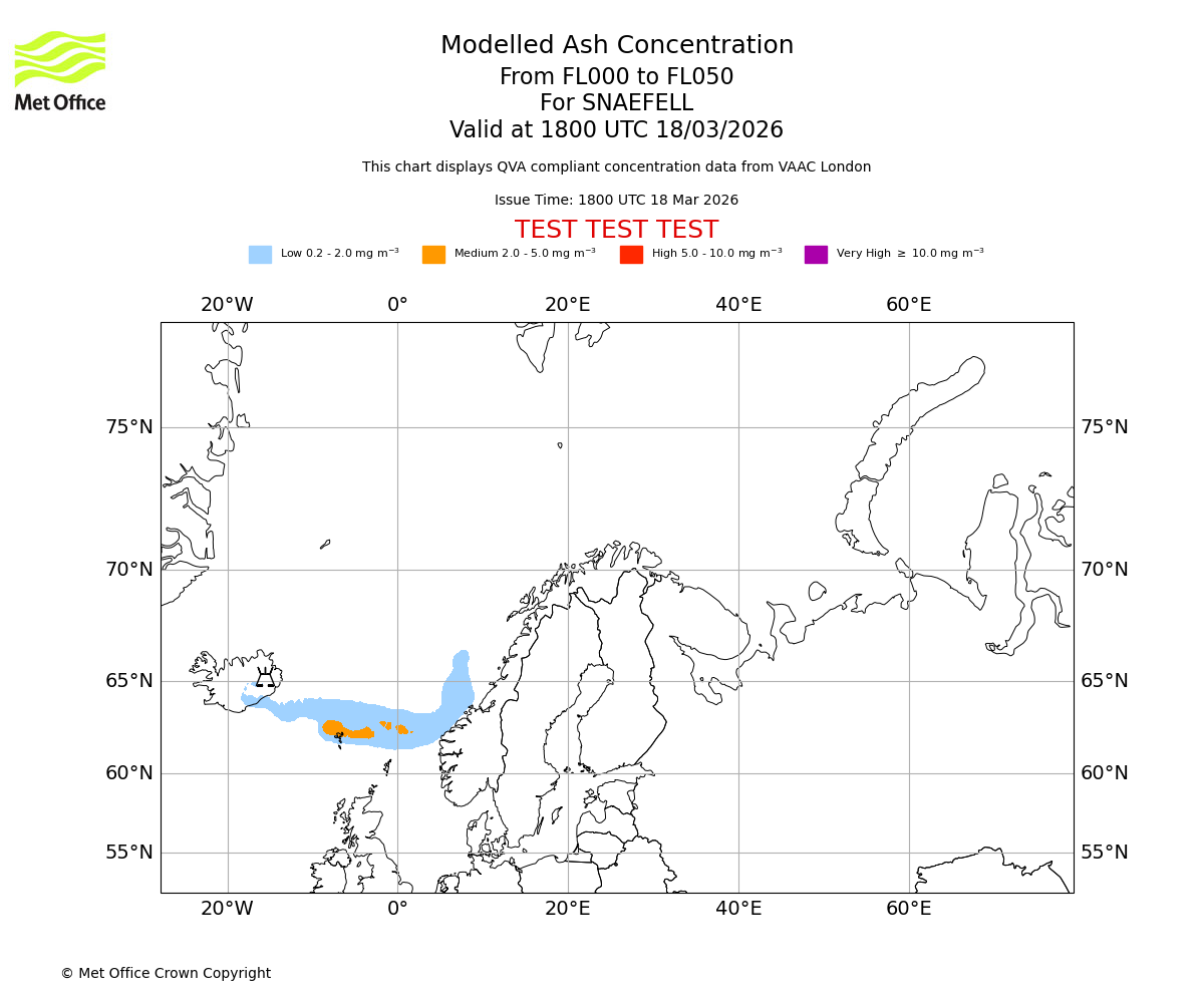 Modelled ash concentration from 000 to 050 for SNAEFELL. Valid at 1800 UTC 18/03/2026