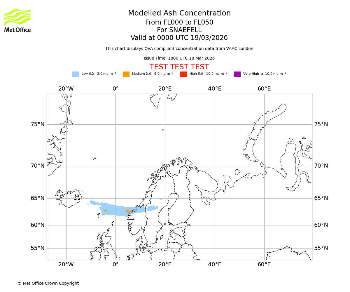Modelled ash concentration from 000 to 050 for SNAEFELL. Valid at 0000 UTC 19/03/2026