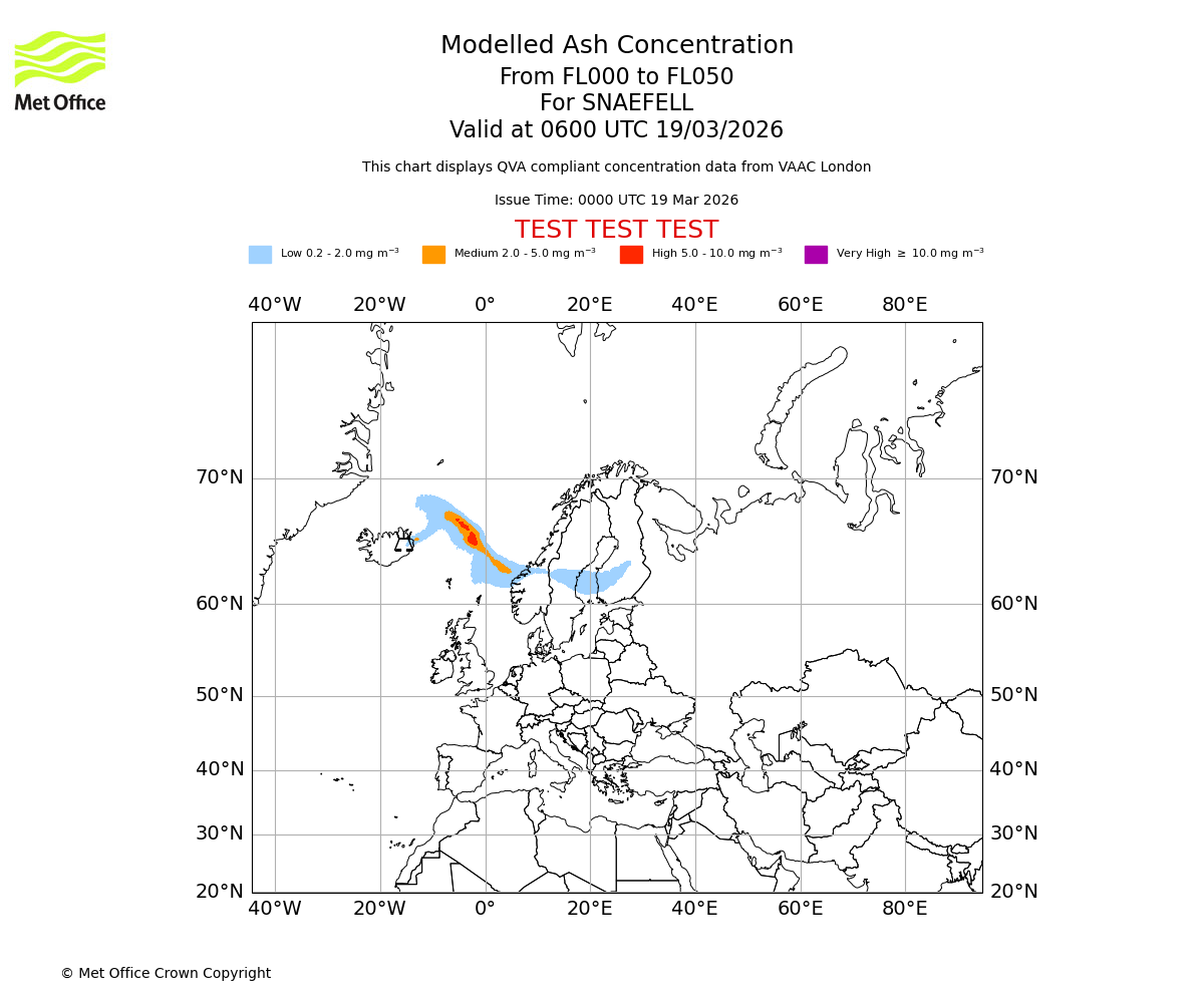 Modelled ash concentration from 000 to 050 for SNAEFELL. Valid at 0600 UTC 19/03/2026