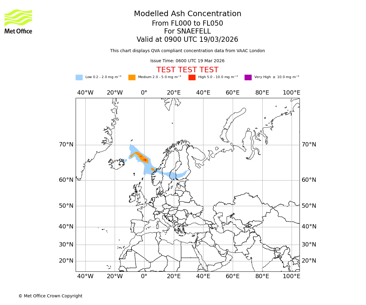 Modelled ash concentration from 000 to 050 for SNAEFELL. Valid at 0900 UTC 19/03/2026