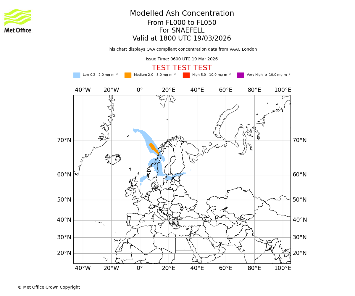 Modelled ash concentration from 000 to 050 for SNAEFELL. Valid at 1800 UTC 19/03/2026