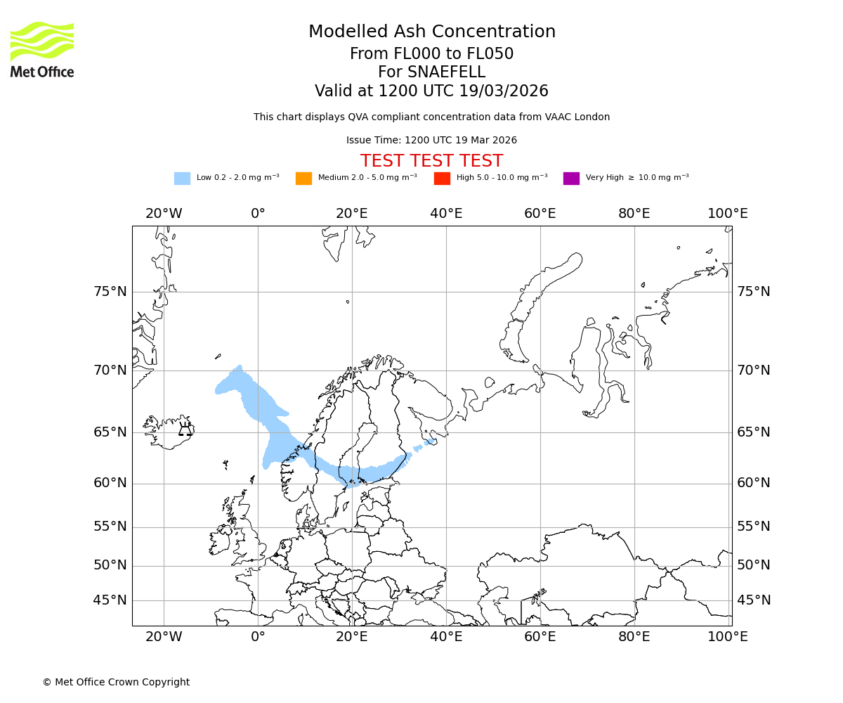 Modelled ash concentration from 000 to 050 for SNAEFELL. Valid at 1200 UTC 19/03/2026