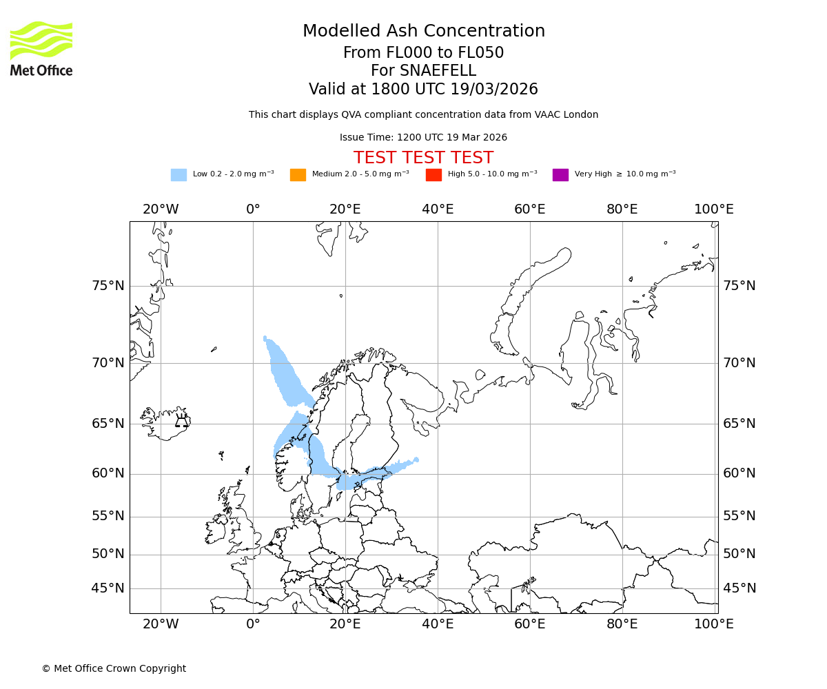Modelled ash concentration from 000 to 050 for SNAEFELL. Valid at 1800 UTC 19/03/2026