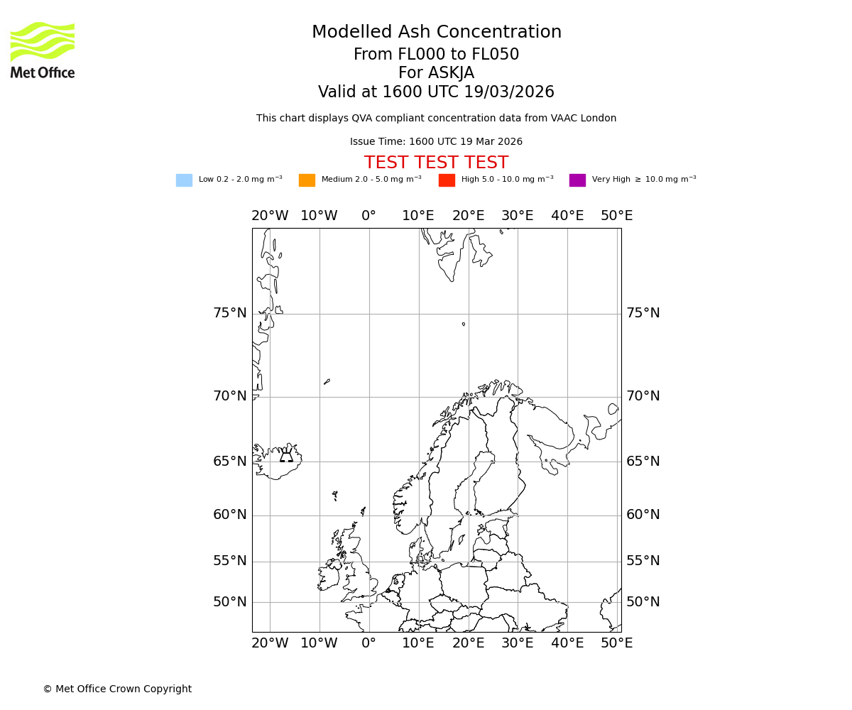 Modelled ash concentration from 000 to 050 for ASKJA. Valid at 1600 UTC 19/03/2026