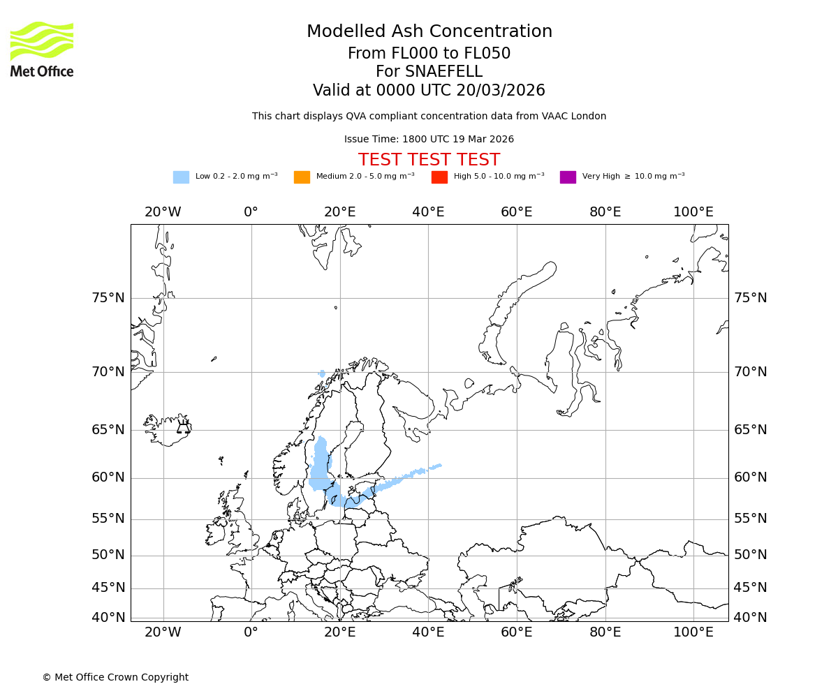 Modelled ash concentration from 000 to 050 for SNAEFELL. Valid at 0000 UTC 20/03/2026