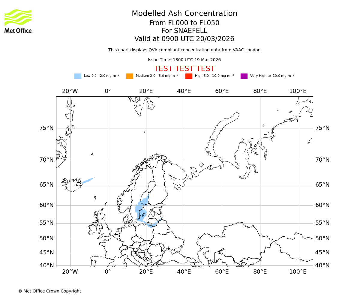 Modelled ash concentration from 000 to 050 for SNAEFELL. Valid at 0900 UTC 20/03/2026