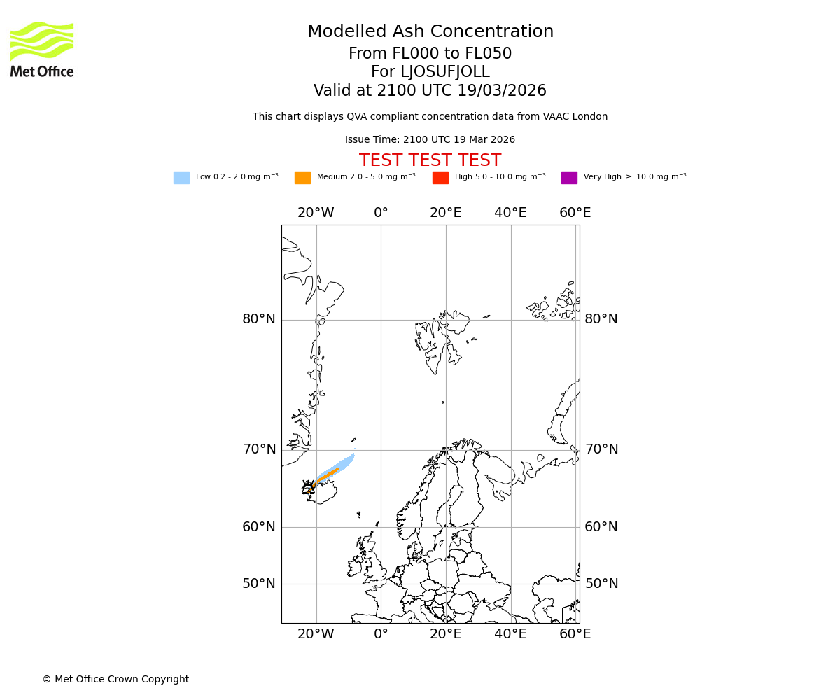Modelled ash concentration from 000 to 050 for LJOSUFJOLL. Valid at 2100 UTC 19/03/2026
