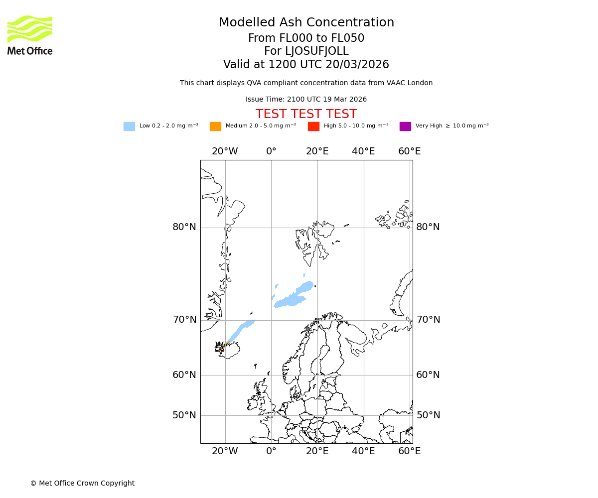 Modelled ash concentration from 000 to 050 for LJOSUFJOLL. Valid at 1200 UTC 20/03/2026