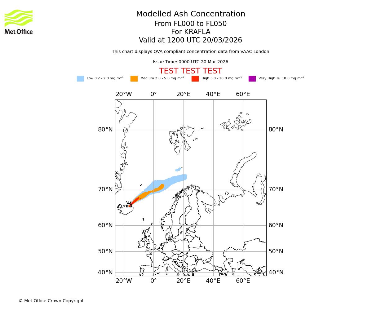 Modelled ash concentration from 000 to 050 for KRAFLA. Valid at 1200 UTC 20/03/2026