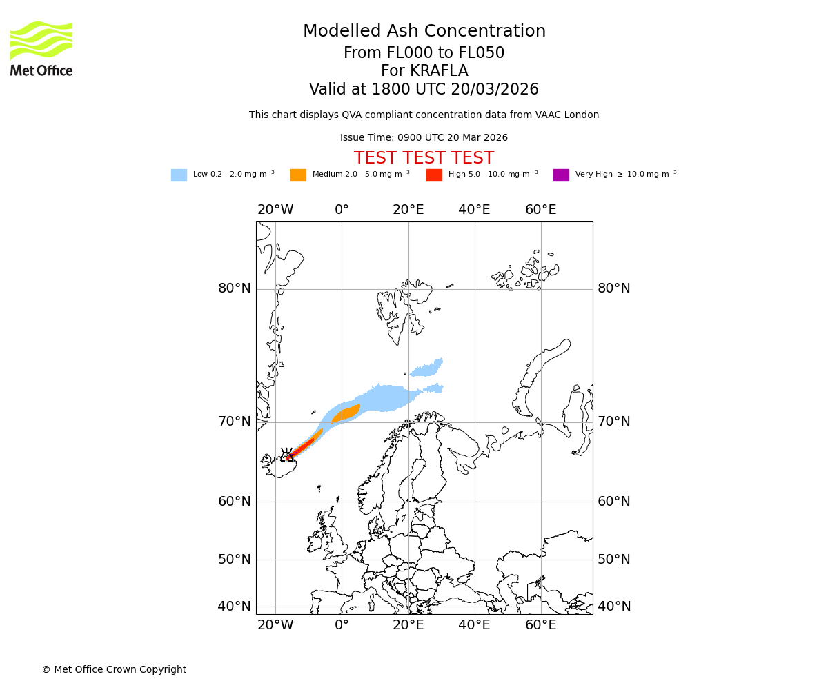 Modelled ash concentration from 000 to 050 for KRAFLA. Valid at 1800 UTC 20/03/2026