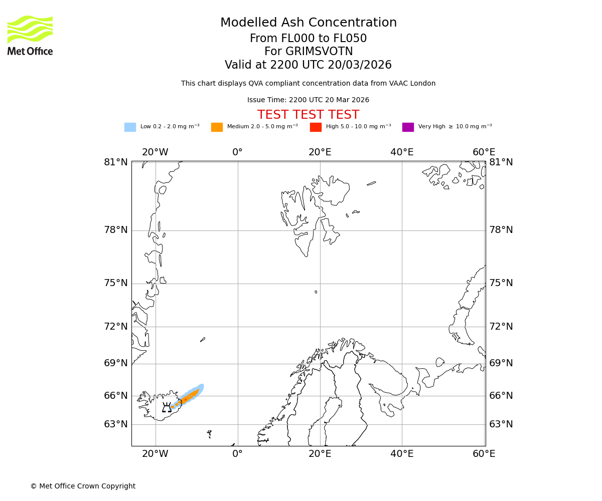 Modelled ash concentration from 000 to 050 for GRIMSVOTN. Valid at 2200 UTC 20/03/2026