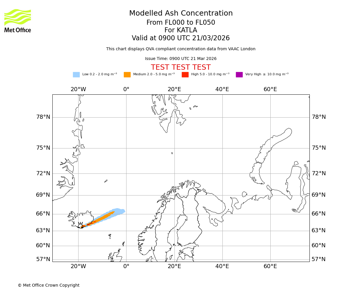 Modelled ash concentration from 000 to 050 for KATLA. Valid at 0900 UTC 21/03/2026